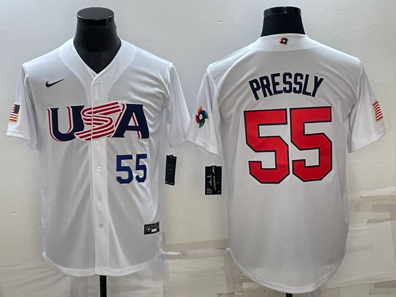 Men 2023 World Cub USA #55 Pressly White Nike MLB Jersey1->more jerseys->MLB Jersey